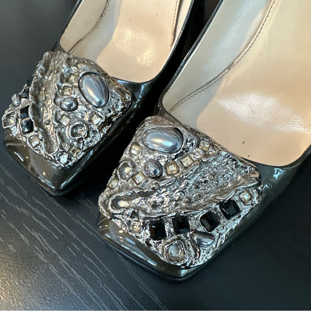 Prada Heels Size 38 Pewter Metal Detailing